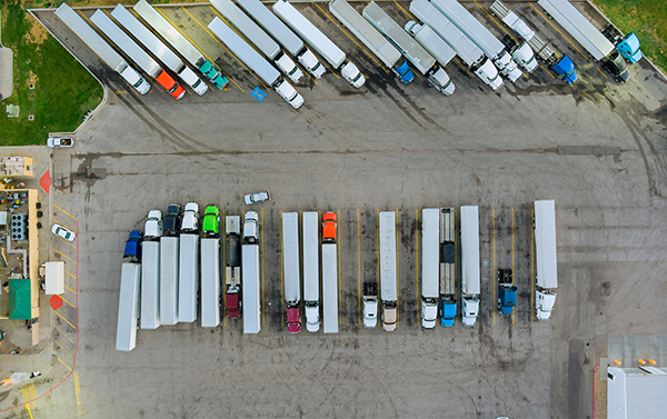 overhead view of a trucking yard