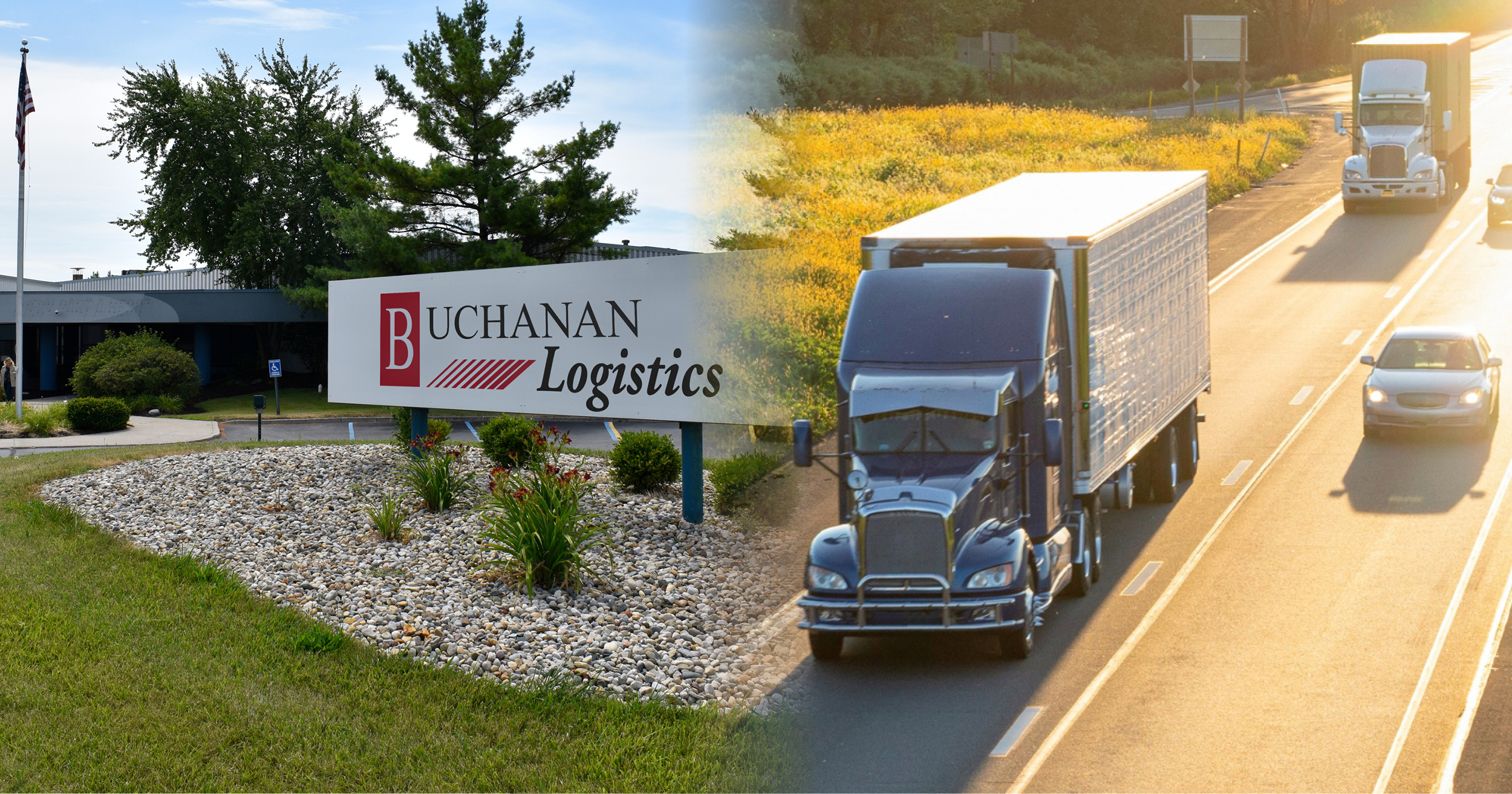 Buchanan Logistics corporate office and a truck transporting freight for our brokerage.