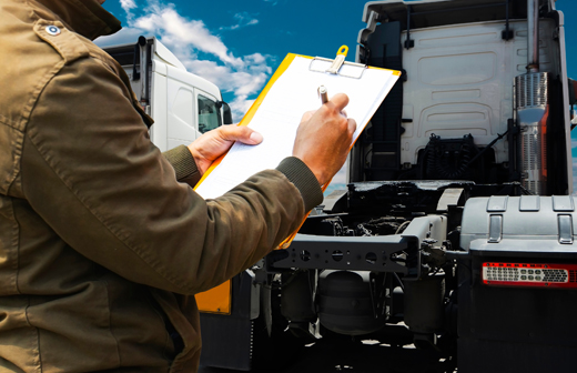Trucker inspecting a truck for safety.