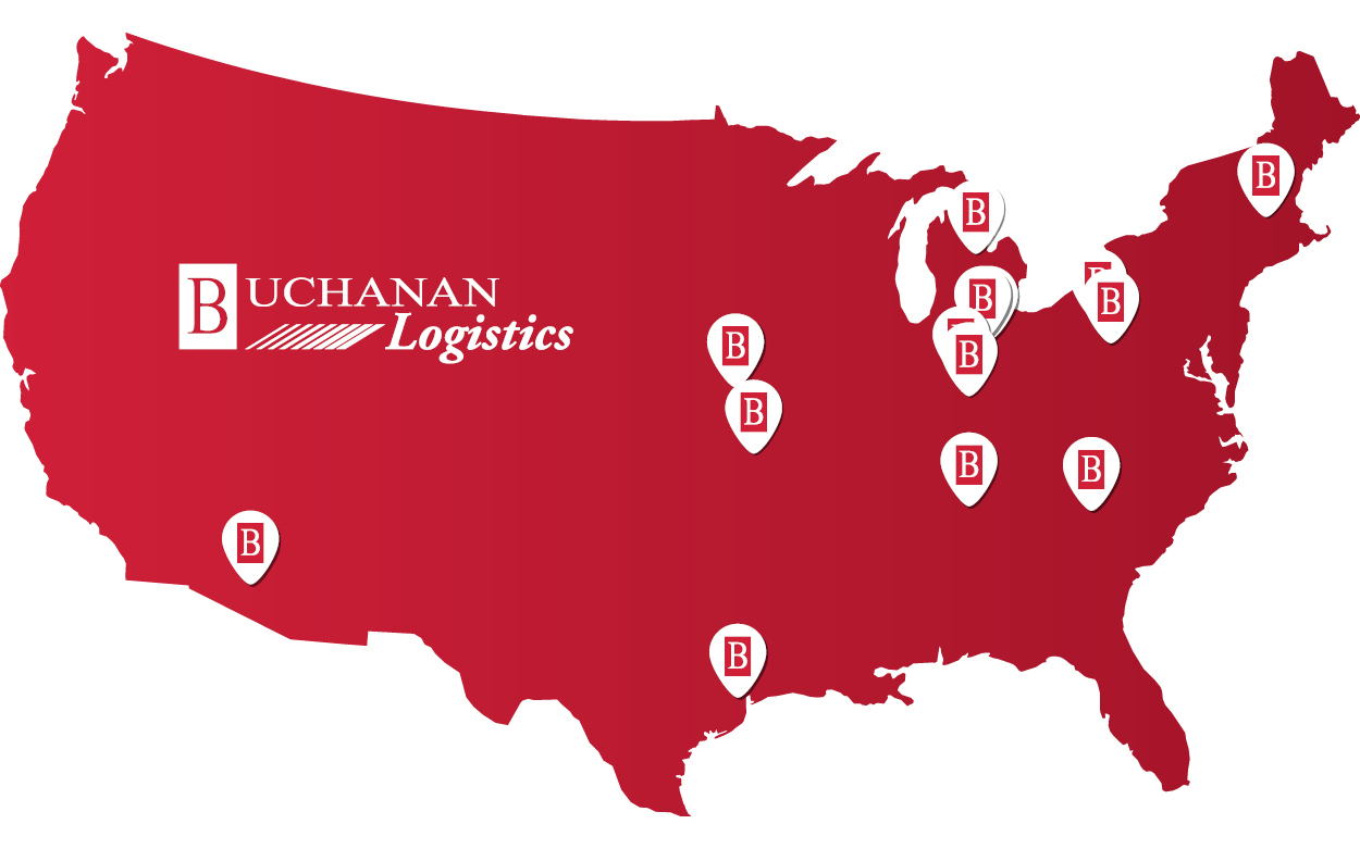 Buchanan Logistics office locations in Arizona, Arkansas, Massachusetts, Michigan, Misouri, South Carolina, Tennessee, Texas, Indiana, and Pennsylvania