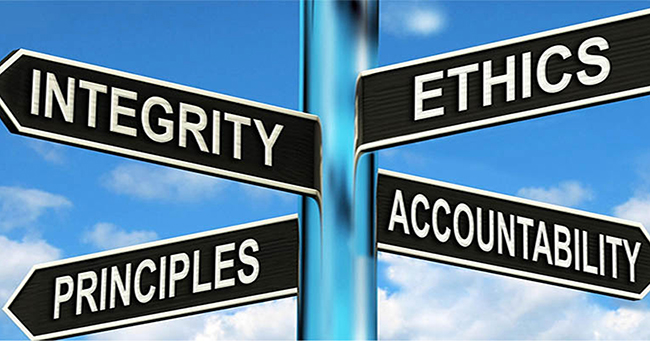 A sign saying, Integrity, Ethics, Principles, and Accountability.